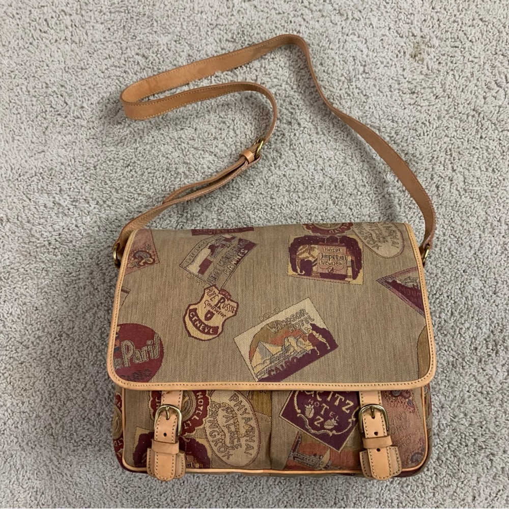 Vintage DESMO Beige JACQUARD LEATHER Travel Icons MESSENGER Tapestry PURSE BAG